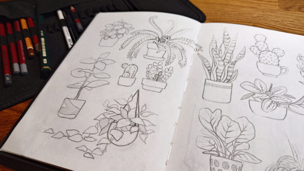 Creative plant sketches, drawings inside sketchbook.