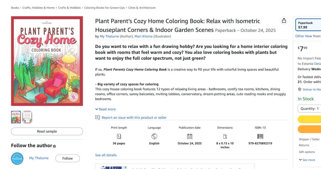My KDP coloring book Plant Parents Cozy Home listing on Amazon.