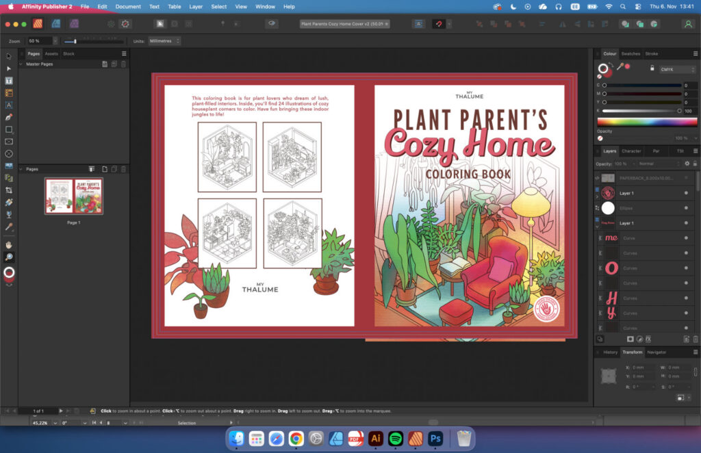 Coloring book cover final adjustments in Affinity Publisher.
